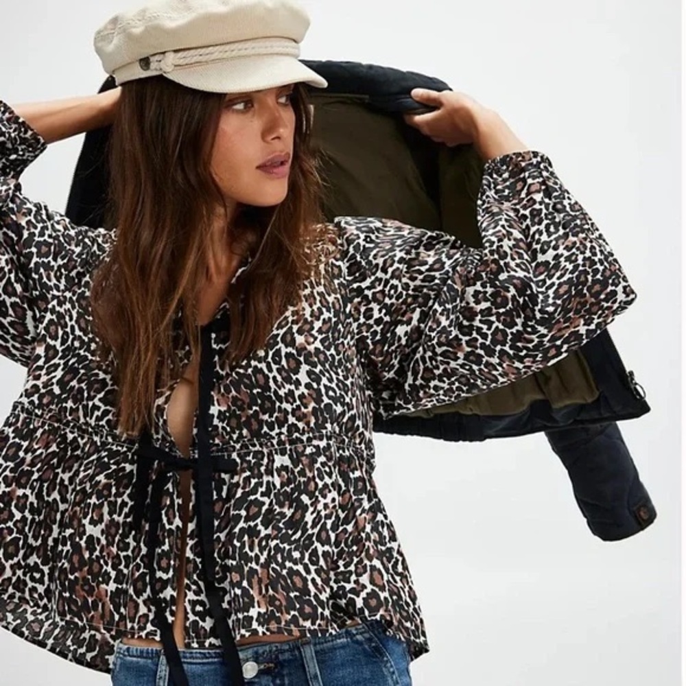 Free People Leopard Print Peasant Blouse in Black, Brown, White